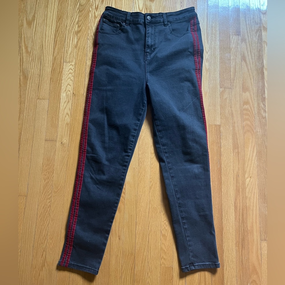 Black Jeans with Red Velvet Stripe Design